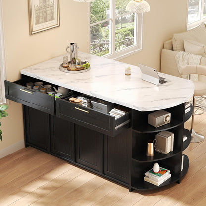 HSH 63” Large Kitchen Island with Seating, White Faux Marble Island Table with 2 Storage Drawers, Cabinets, 3 Open Shelves, Modern Counter Height Stationary Island Prep Table for Kitchen Dining Room