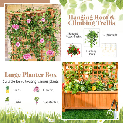 CHEFJOY Wooden Planter Box with Trellis, 72.5” Freestanding Garden Planter w/Hanging Roof, 4 Drainage Holes & Lattice Panel, Raised Garden Bed with Trellis for Vine Climbing Plants Flowers (2)