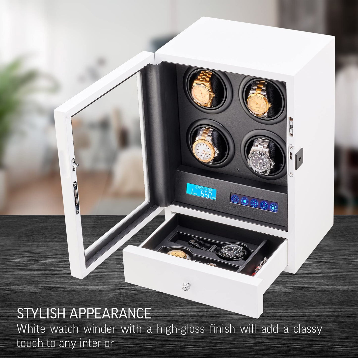 Automatic Watch Winder with LED Light, Storage Drawer and LCD Touchscreen Control (White)