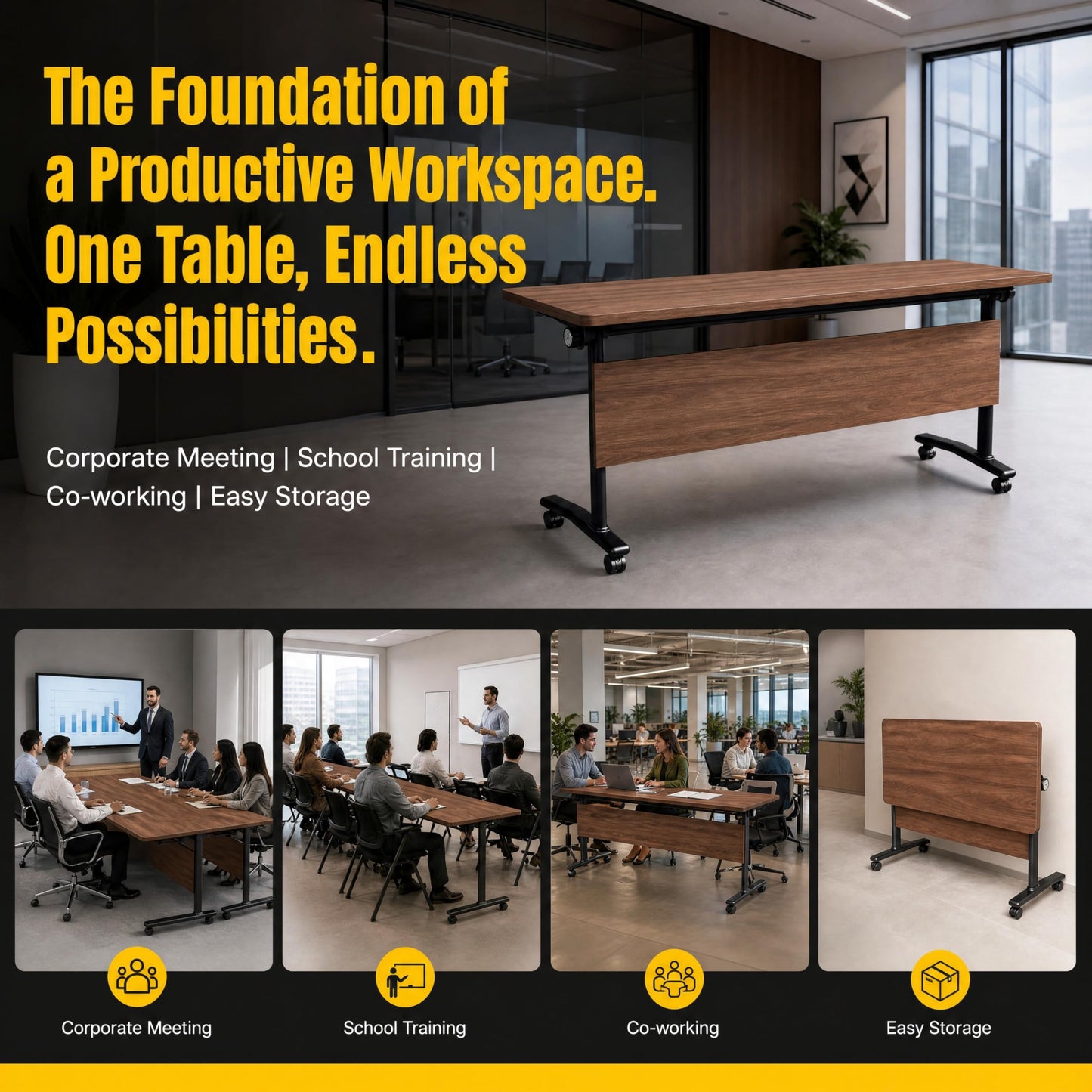 Modular Folding Conference Room Table with Wheels - 6 Pack Flip Top Mobile Training Table,Modern Meeting Tables 2-30 Person,Walnut,70.9"x21.6"x29.5"