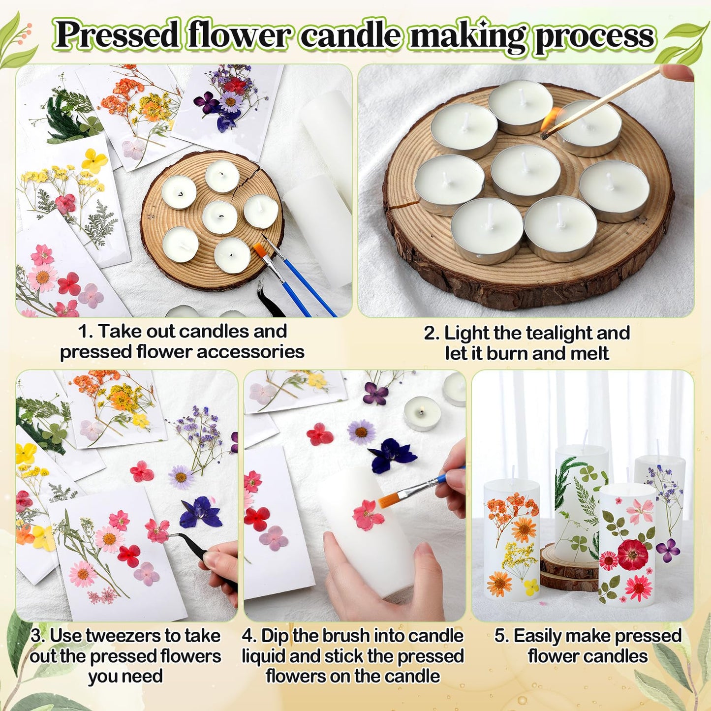 MTLEE 24 Pack Dried Pressed Flower Candle Painting Kit 6 White Pillar 6 Dried Pressed Flower 10 Tealight Candle Tweezer Brush for Galentines Girls Night Birthday Wedding Party DIY Crafts(4 Inch)