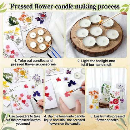 MTLEE 24 Pack Dried Pressed Flower Candle Painting Kit 6 White Pillar 6 Dried Pressed Flower 10 Tealight Candle Tweezer Brush for Galentines Girls Night Birthday Wedding Party DIY Crafts(4 Inch)