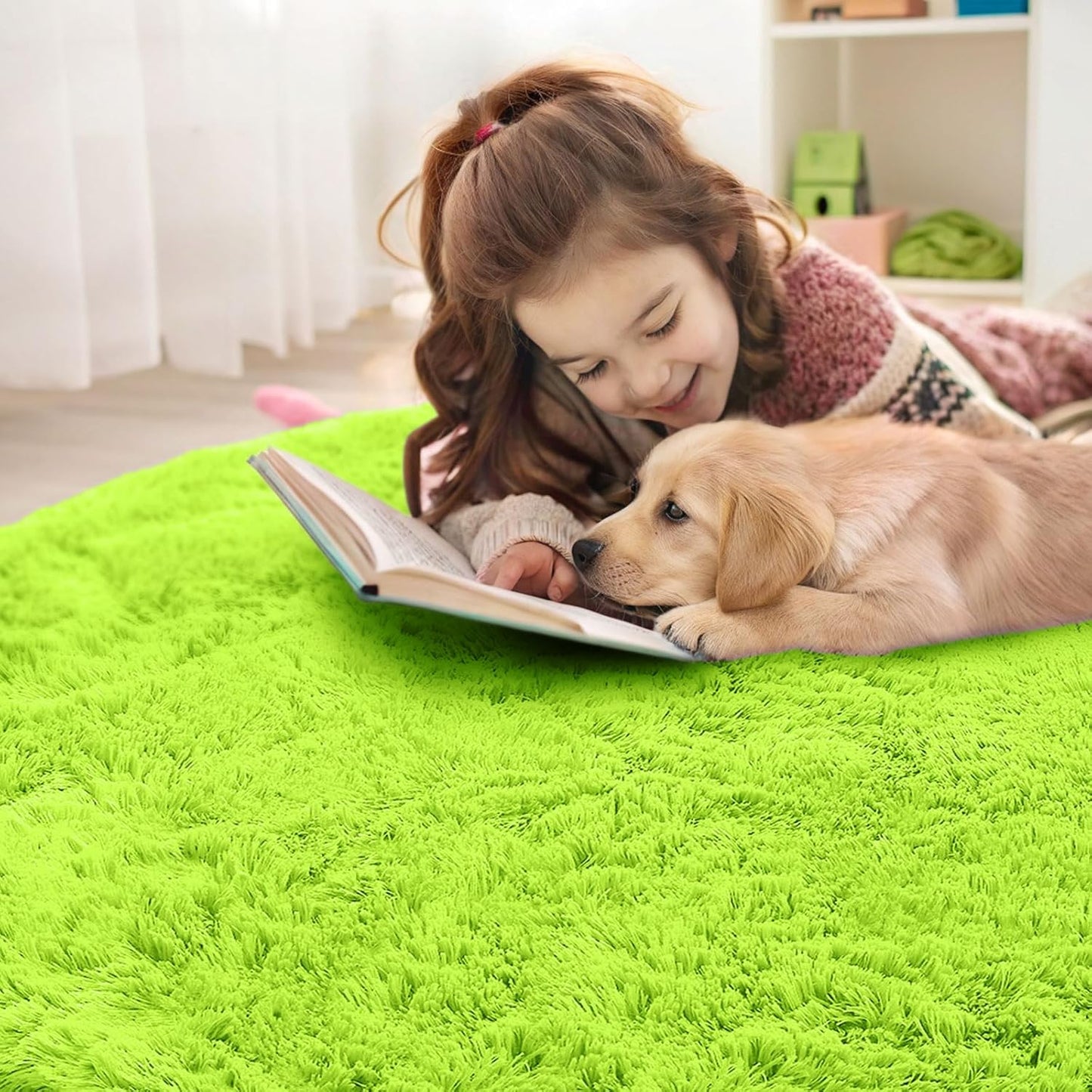 OLANLY Round Lime Green Area Rug - Soft, Fluffy, Machine Washable 6 ft Circle Carpet for Bedroom & Living Room
