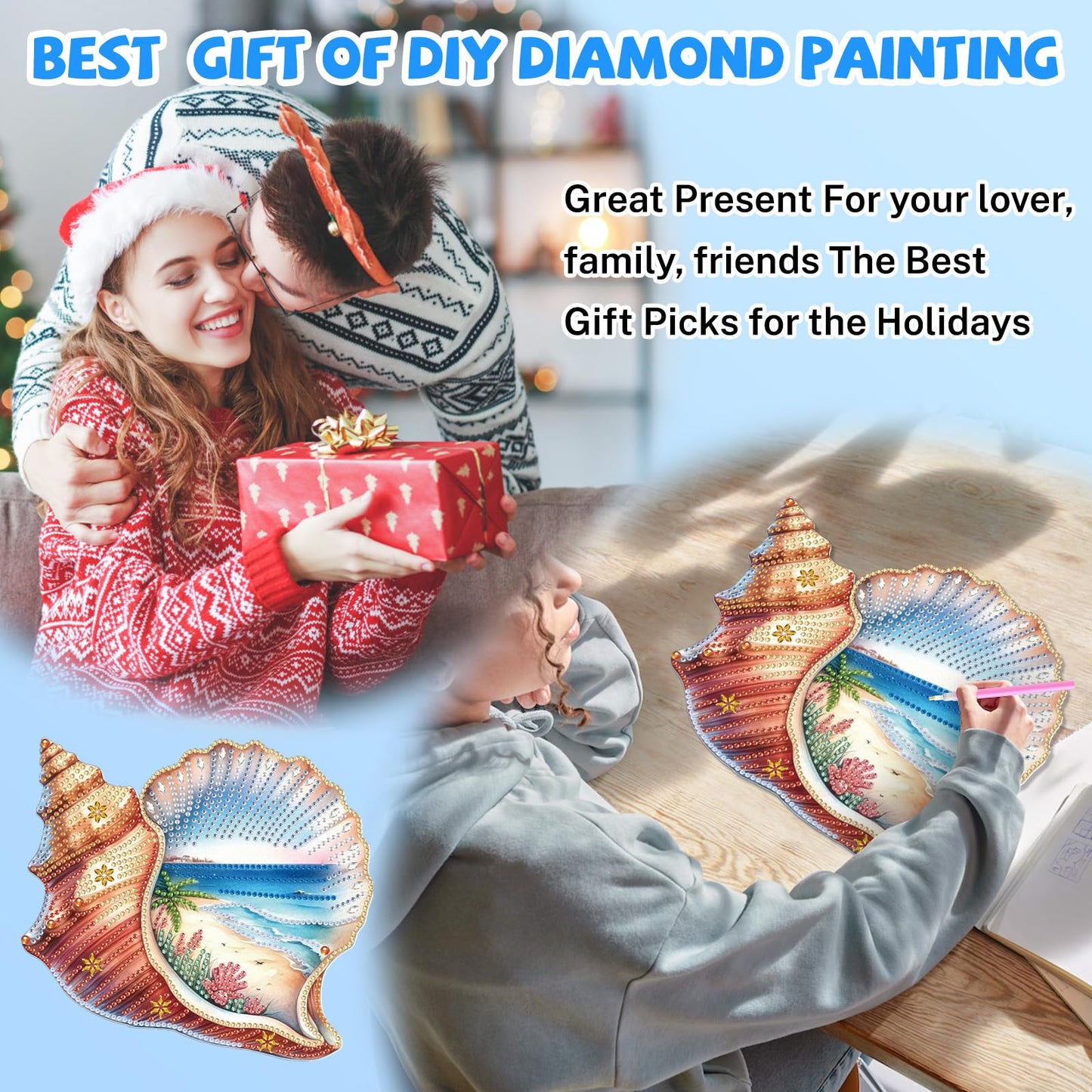 Bowetile Summer Diamond Art Hanging Kits for Adults, Diamond Art Suncatchers Conch Shell, 5D Special Shape Diamond Painting Beach Pendant Window Ornament Gifts for Home Wall Door Garden Decor