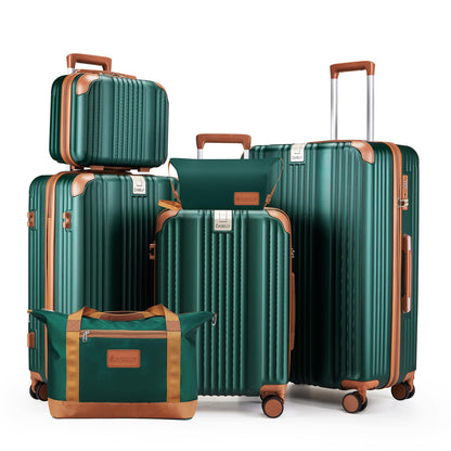 CASELLY Luggage Set 6 Piece with Cup Holder,Hardshell TSA Lock Spinner Wheels Carry on Lightweight Suitcase，Hook and YKK Zippers for Valentine Gifts(Dark Green, 6 piece sets（14/20/24/28/DB/TB）)