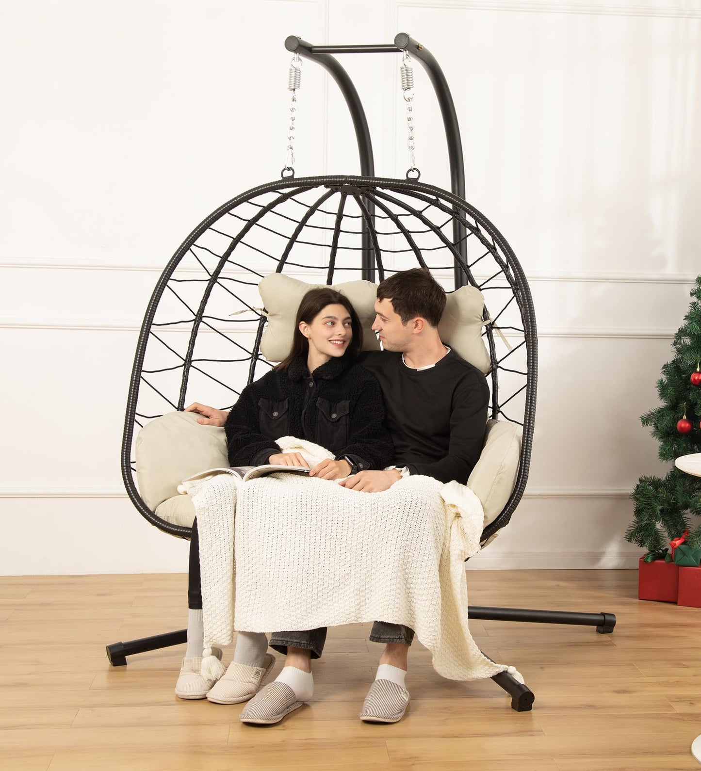 Double Egg Chair with Stand Hammock Swing Chair Foldable Hanging Loveseat, UV Resistant Removable Cushions, 700LBS Capacity for Bedroom, Balcony, Garden(BK-BE)