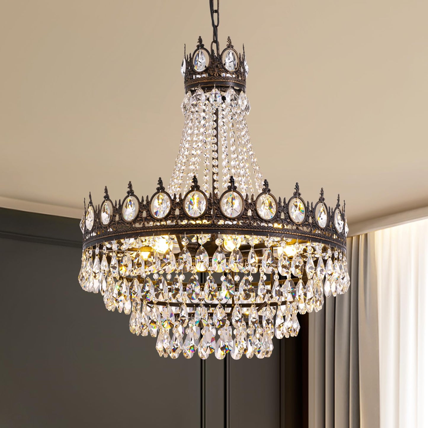 7PM French Empire Crystal Chandeliers, Vintage Crystal Chandelier, Antique Bronze Chandelier, Rustic Farmhouse Ceiling Light Fixture for Dining Room Bedroom Living Room Kitchen Foyer, W 24"