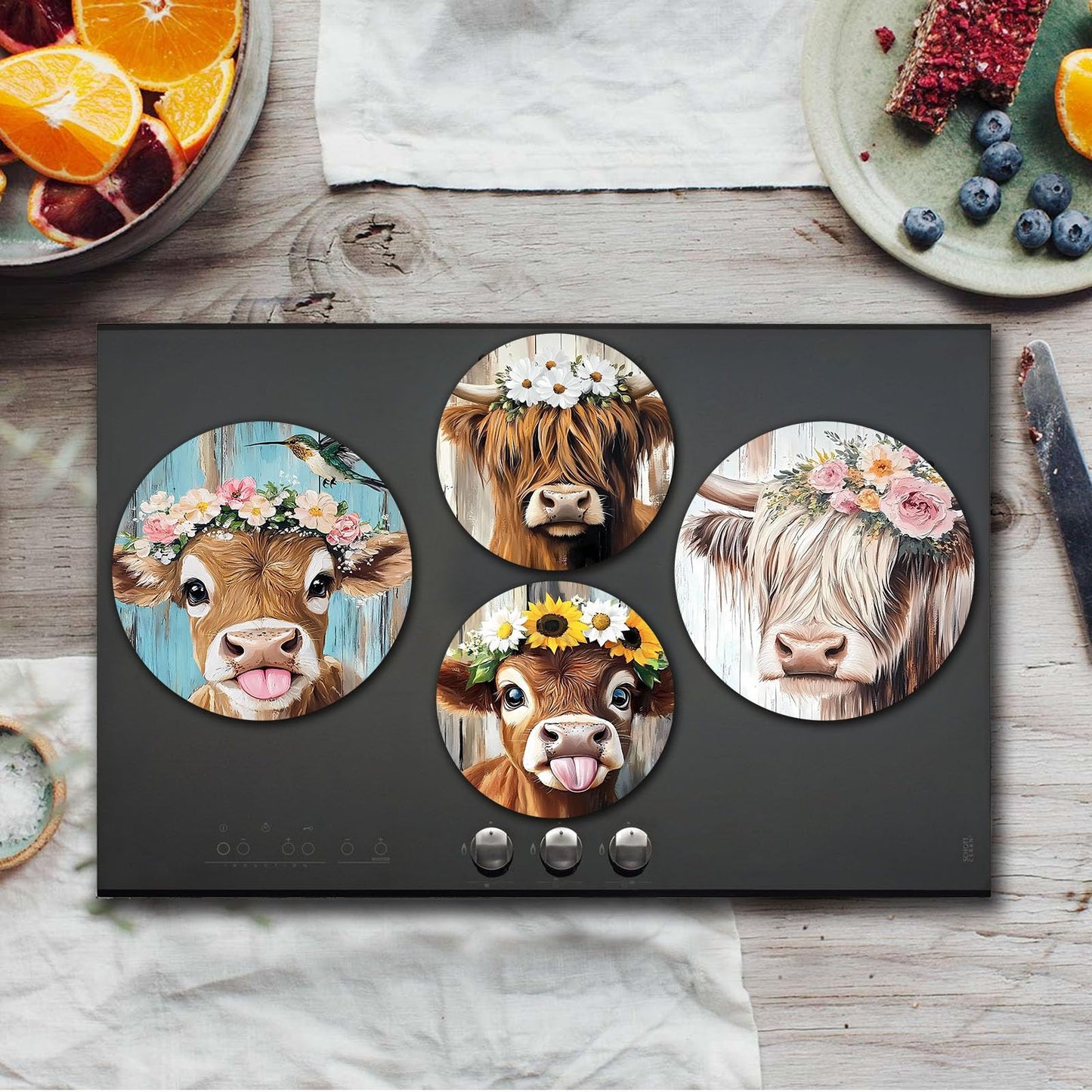 Funny Cow Head Electric Stove Burner Covers, Set of 4 Round Stove Burner Covers, 8 and 10 Inch, Cow Wearing a Wreath Gas Stove Burner Covers, Metal Stove Burner Cover, Modern Cooktop Decorative