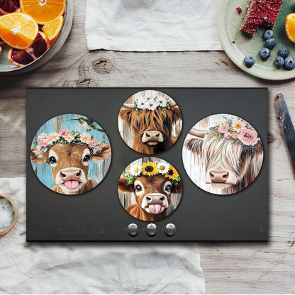Funny Cow Head Electric Stove Burner Covers, Set of 4 Round Stove Burner Covers, 8 and 10 Inch, Cow Wearing a Wreath Gas Stove Burner Covers, Metal Stove Burner Cover, Modern Cooktop Decorative
