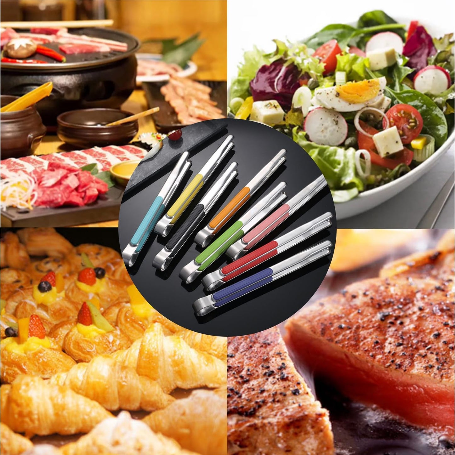 Nagpew 10 Pack Stainless Steel Kitchen Tong, 10 inch Heavy Duty Serving Tong with Heat-Resistant Handle, Grill Clamp Beefsteak Clip in 10 Colors for Cooking, BBQ, Meat, Salad, Ice