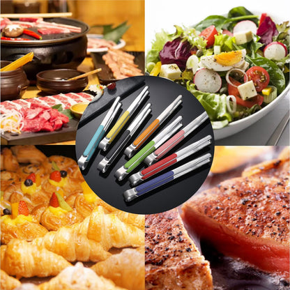 Nagpew 10 Pack Stainless Steel Kitchen Tong, 10 inch Heavy Duty Serving Tong with Heat-Resistant Handle, Grill Clamp Beefsteak Clip in 10 Colors for Cooking, BBQ, Meat, Salad, Ice