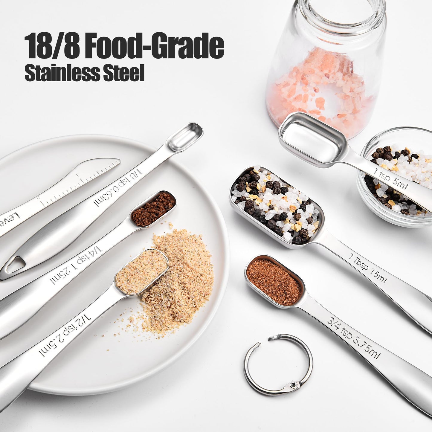 18/8 Stainless Steel Measuring Spoons: Doosu Heavy Duty Rectangular Spoon Square Teaspoon Tablespoon Scoop with Slim Long Handle in Narrow Spice Jar for Kitchen Baking Cooking (Set of 7 with Leveler)