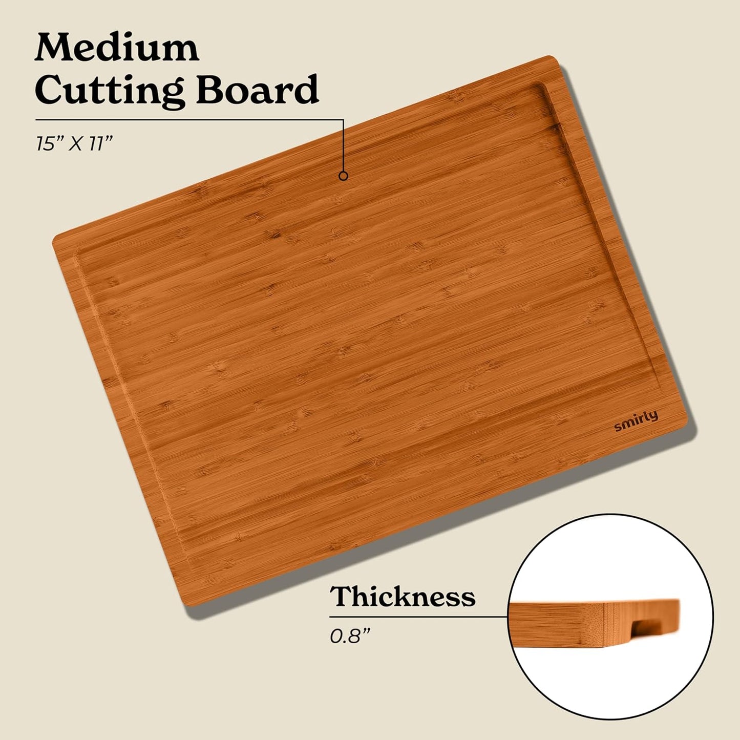 SMIRLY Large Bamboo Cutting Board for Kitchen, Wooden Board with Juice Groove
