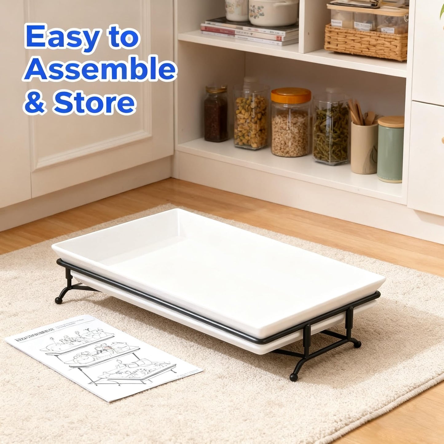 Farielyn-X 3 Tier Serving Tray, 12" White Plastic Tiered Food Serving Platters, Reusable Tray Stand Black Collapsible Metal Stand with Stable Cross Bars, Party Display Stands for Veggie Fruit, Dessert