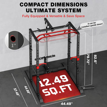 JELENS S11 Power Cage, 2000LB Multi-Function Power Rack with LAT Pulldown, Squat Rack with Adjustable Pulley System and Training Attachments, Weight Rack for Home Gym (370LB Black Weights Package)