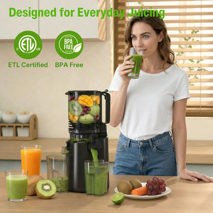 Cold Press Juicer, Juicer Machines with 6" Large Wide Feed Chute, High Juice Yield Slow Masticating Juicer, Easy to Clean, Quiet Brushless Copper Motor, Juicers for Whole Fruits & Vegetables