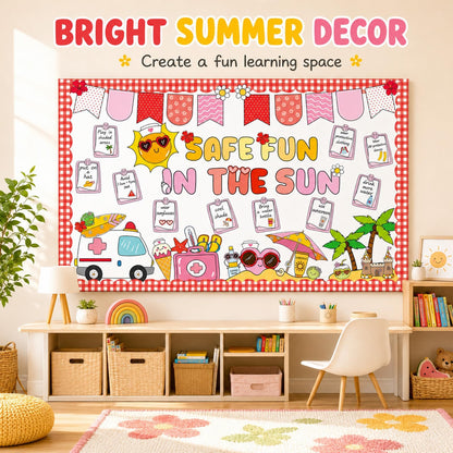 Safe Fun in the Sun Bulletin Board Set Summer Sun Classroom Decorations Tropical Hawaiian Classroom Sunshine Safety Paper Cutouts for Summer Back to School Teachers Chalkboard Wall Door Decor
