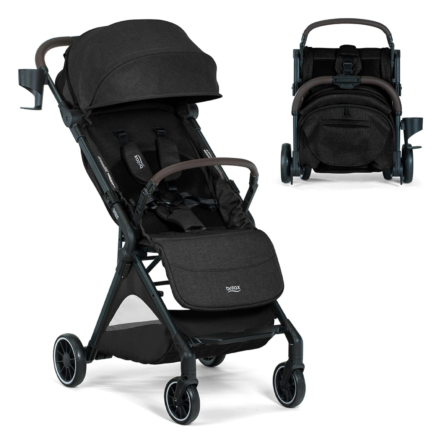 Britax Juniper+ Compact Stroller, Portable & Lightweight On-The-Go Stroller with Fastpack & One-Hand RapidFold, Infant Car Seat Compatible, Built-in Carry Strap, Ventilating Fabrics — Raven Black