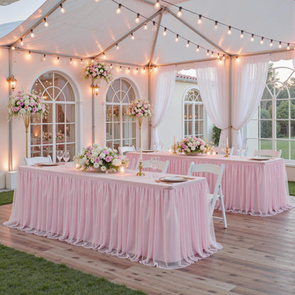 familus Pink Table Cloths 6 Foot Rectangle 2 Pack Stretch Ruffle Tulle Tablecloth Spandex Fitted Table Cover for 6 Foot Tulle Table Skirts for Party Wedding Table Cloths, Banquets