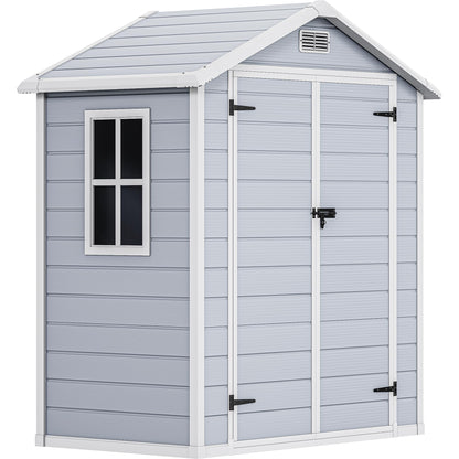 DWVO 6x4 FT Resin Storage Shed with Reinforced Floor, Outdoor Storage Shed with Lockable Door, Window and Vents, Waterproof Plastic Tool Storage for Garden, Backyard, Patio, Lawn