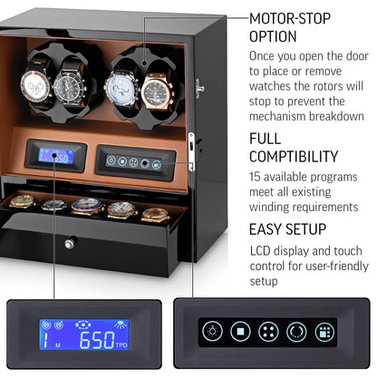 4 Watch Winder with 5 Watch Storage Space, LCD Display, Touch Control and Interior Light (Black + Brown)