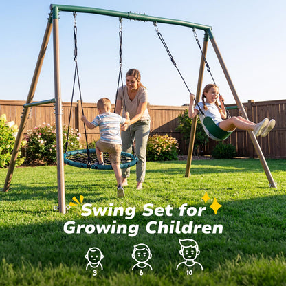 Hapfan 7.5ft Tall Swing Sets for Backyard, 500lbs Heavy Duty Metal Swing Set for Kids and Adults with Spider Swing and Belt Swing, A-Frame Outdoor Swingset Play Equipment(Green and Brown)
