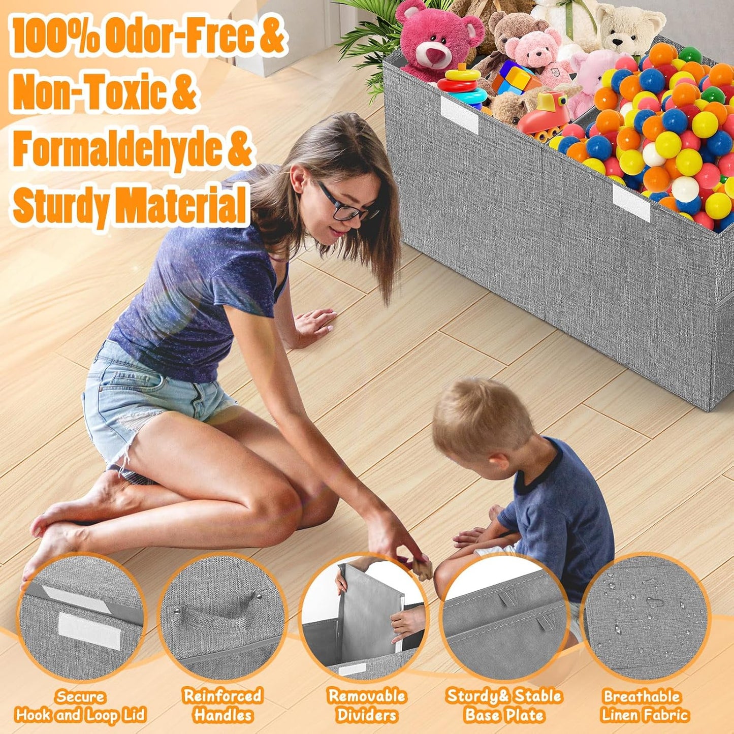 25"x13"x16", Rocamdo Large Toy Storage Box with Lid Divider, Sturdy Collapsible Toys Organizer Chest Kids Storage Bins