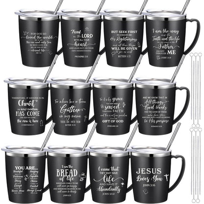 Widecook 12 Pcs Christian Coffee Mugs with Lid and Straw Bible Verse Mother's Day Religious Gifts Tumbler 12 oz Stainless Steel Insulated Inspirational Tumbler for Church Women Men(Black)