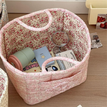 Neaonau Quilted Fabric Storage Basket with Handles & Pocket, Foldable Laundry Hamper Boho Floral Print Organizer Bin for Home, Picnic, Office 12"x10"x10" (A-4)