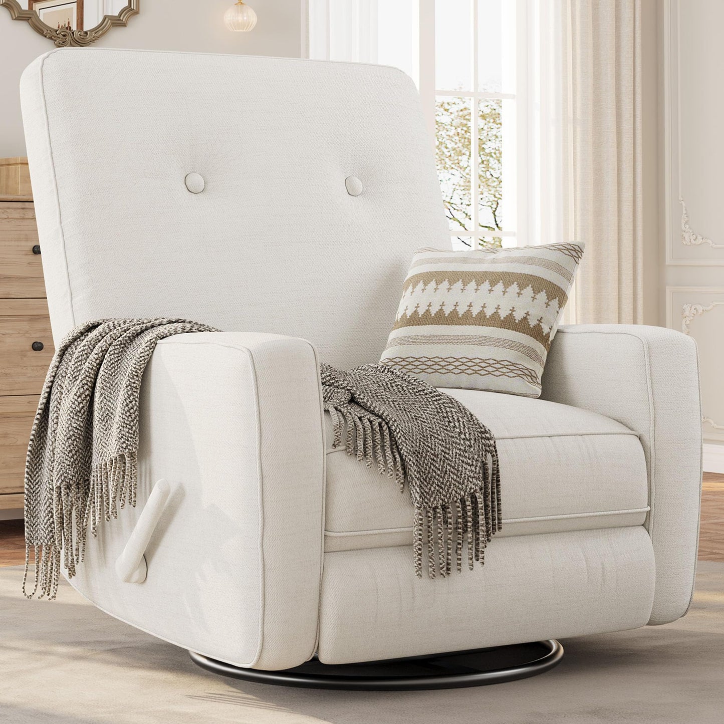 Garvee Nursery Recliner Chair, 360° Swivel Rocking Glider Chair for Adults with Adjustable Backrest & Footrest, Cozy Linen Upholstered Armchair for Living Rooms, Bedrooms, Apartments, Beige