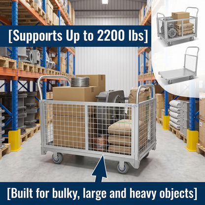 2200 LBS 4-in-1 Cart, Platform Truck Cart with maidian, 360° Direction Wheel Platform cart, Rust Resistant Steel Cage, for Grocery Store, Garage & Warehouse use