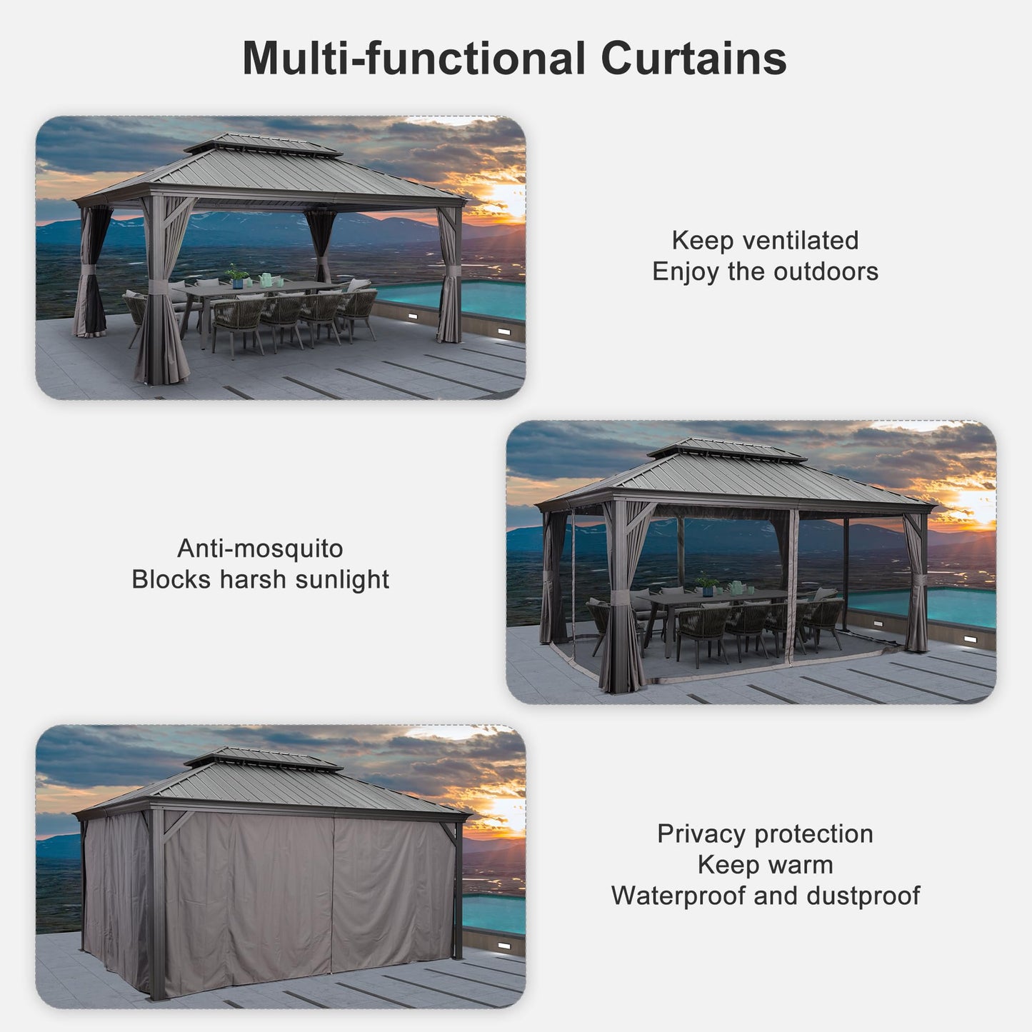 PURPLE LEAF 12' X 16' Permanent Gazebo with Light Hardtop Roof for Outdoor Lawn and Garden Pavilion Grey