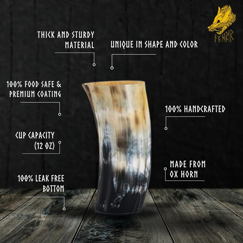 FENRIR Viking Drinking Horn Mug Set of 4 – Gifts for Men, Dad, Husband – Unique Viking Gift – Natural Ox Horn Cup with Opener – For Beer, Ale, Mead (12-13 Oz/Glass)