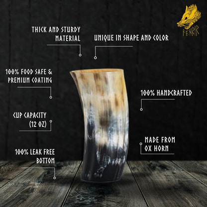FENRIR Viking Drinking Horn Mug Set of 4 – Gifts for Men, Dad, Husband – Unique Viking Gift – Natural Ox Horn Cup with Opener – For Beer, Ale, Mead (12-13 Oz/Glass)