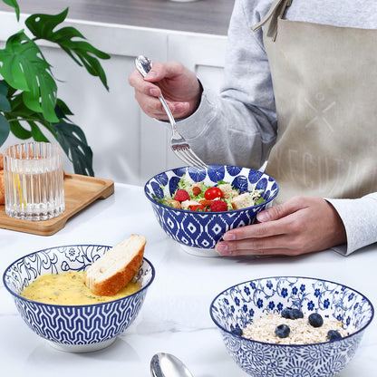 Selamica 7 inches Porcelain Cereal Bowl Set - Set of 6, Soup Bowls, Ceramic bowls for Cereal, Soup, Salad and Pasta, Vintage Blue