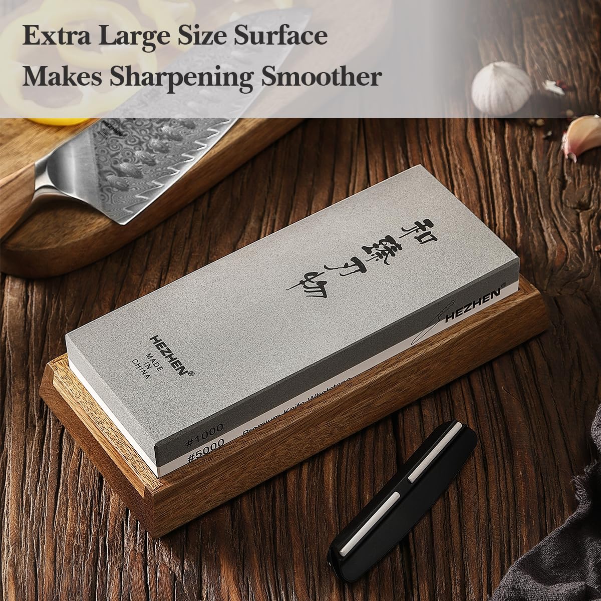 HEZHEN Extra Large Double-sided White Corundum Whetstone Knife Sharpening Stone Grit 1000/5000 Waterstone- 7.9x3.1x1.2 inch Knife Sharpener- Non-slip Acacia Wood Base & Flattening stone & Angle Guide