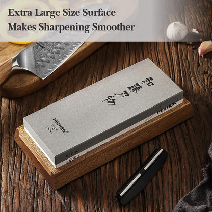 HEZHEN Extra Large Double-sided White Corundum Whetstone Knife Sharpening Stone Grit 1000/5000 Waterstone- 7.9x3.1x1.2 inch Knife Sharpener- Non-slip Acacia Wood Base & Flattening stone & Angle Guide
