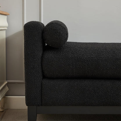 KEIKI Oversize Boucle Bench Ottoman with 2 Bolster Pillows & Wood Legs, Upholstered End of Bed Daybed Seating, Foot Rest Stool Furniture for Bedroom, Living Room, Entryway, Black