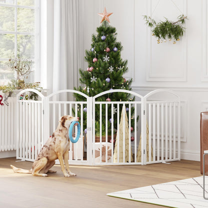 THKKY Folding No-Assembly Freestanding Dog Gate with Door,32" Heights Foldable Pet Fence,96" Extra Wide Accordion Puppy Folding Playpen for Doorways,House,Stairs (4 Panels,White)