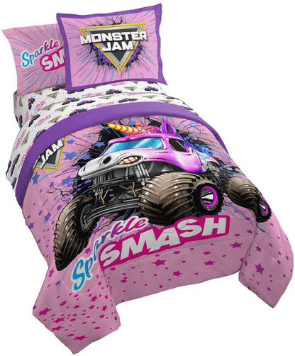 Jay Franco Kids Comforter Set Includes Sheets and Pillow Covers - Soft and Cozy Bed Set for Stylish Room Decor, Pink - Monster Jam, 5 Piece Twin Bedding