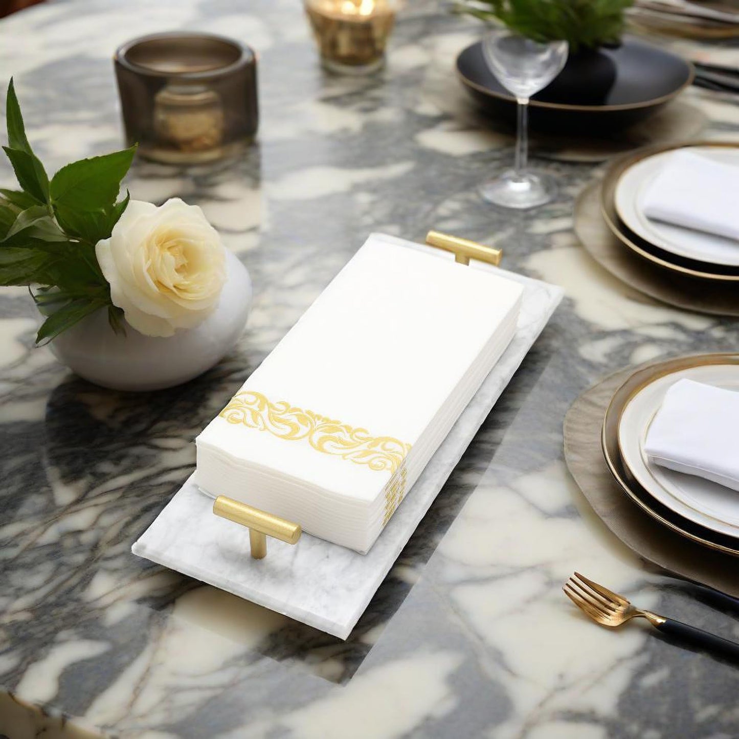 Vitrignis Napkin Holder - Guest Towel Holder for Bathroom - Marble Paper Towel Holder - Hand Towel Tray with Gold T-Handle(11.8x4.7x1.7 Inchs)