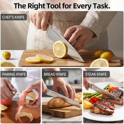KnifeSaga Kitchen Knife Set with Block and Detachable 2-Stage Sharpener | 14-Piece Premium High Carbon Stainless Steel Knives with Ergonomic Anti-Slip Handle, Rubberwood Knife Block