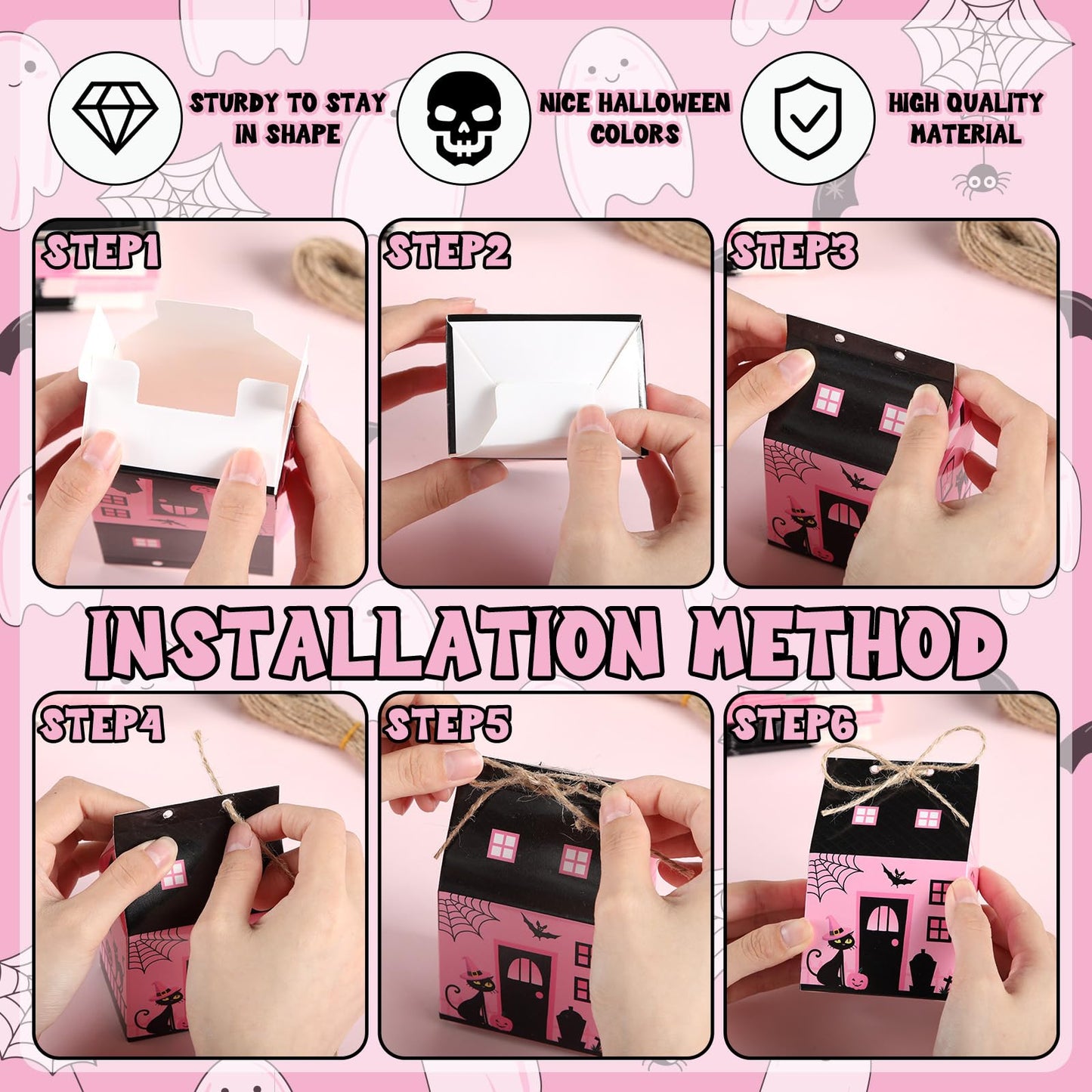 Zhanmai 48 Pcs Pink Halloween Treat Boxes Mini Black Castle House Candy Pink Box Small Halloween Paperboard Gift Container for Holiday Party Treat Cookie Goodie Snack Gift Packaging