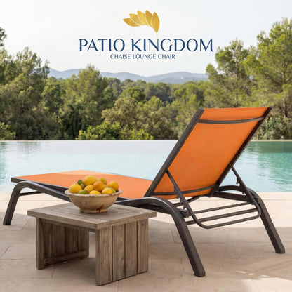 Patio Kingdom 3-Piece Patio Chaise Lounge Set with Side Table, Set of 2 Adjustable Pool Chairs and Aluminum Bistro Table, All-Weather Outdoor Furniture for Pool Deck, Patio & Tanning, Solar Orange