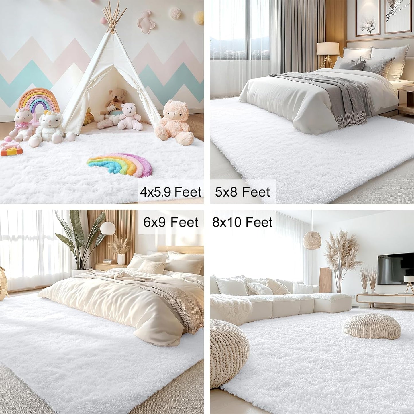 OLANLY 6x6 Area Rug - Soft Fluffy Shaggy Design for Living Room & Bedroom | Machine Washable White Carpet