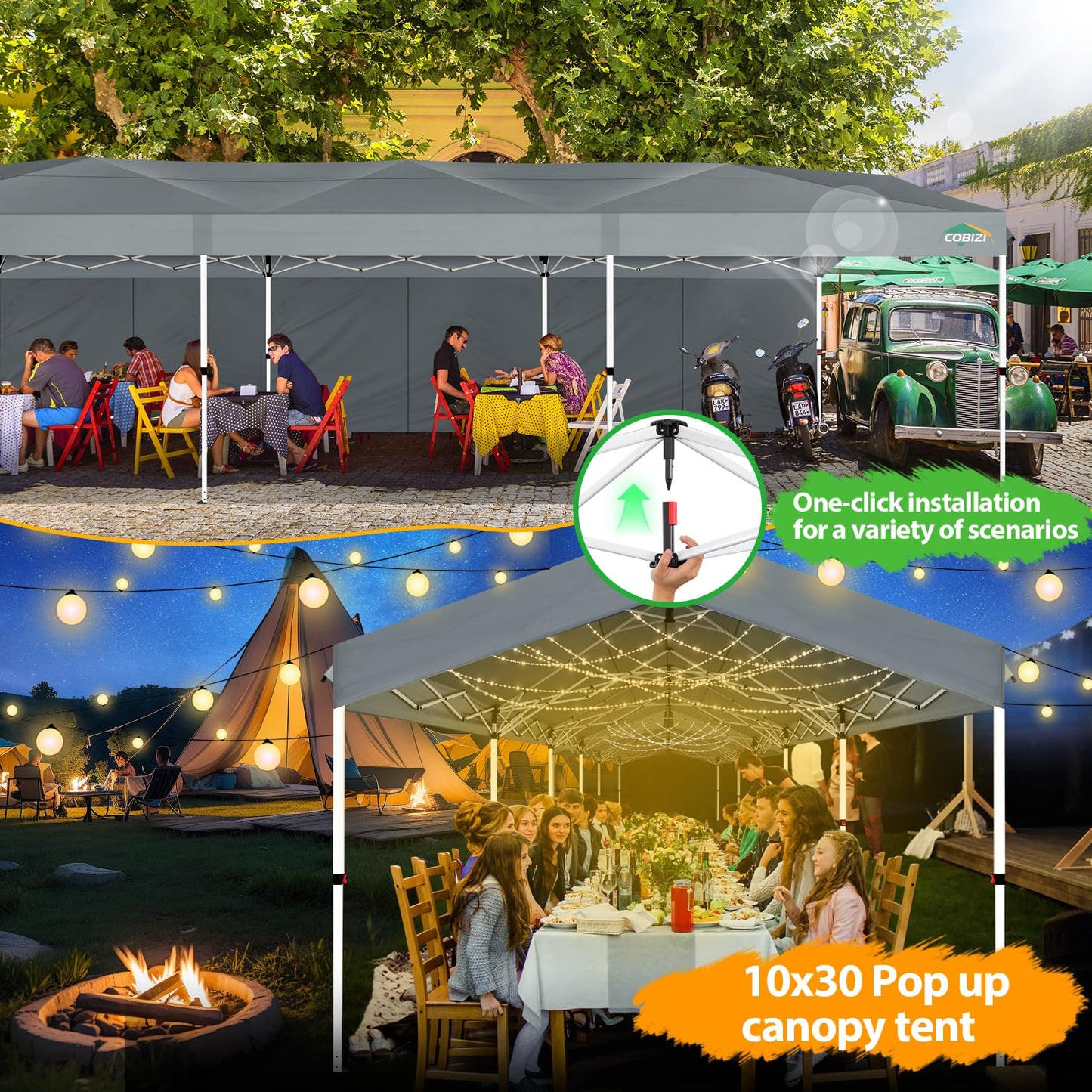 COBIZI 10x30 Party Tent with Wheeled Bag 10x30 Pop up Canopy with One-Push Setup, Outdoor Canopy with 3 Sidewalls Gazebo Event Shelter for Wedding Commercial with Sandbags,Waterproof & UPF50+, Grey