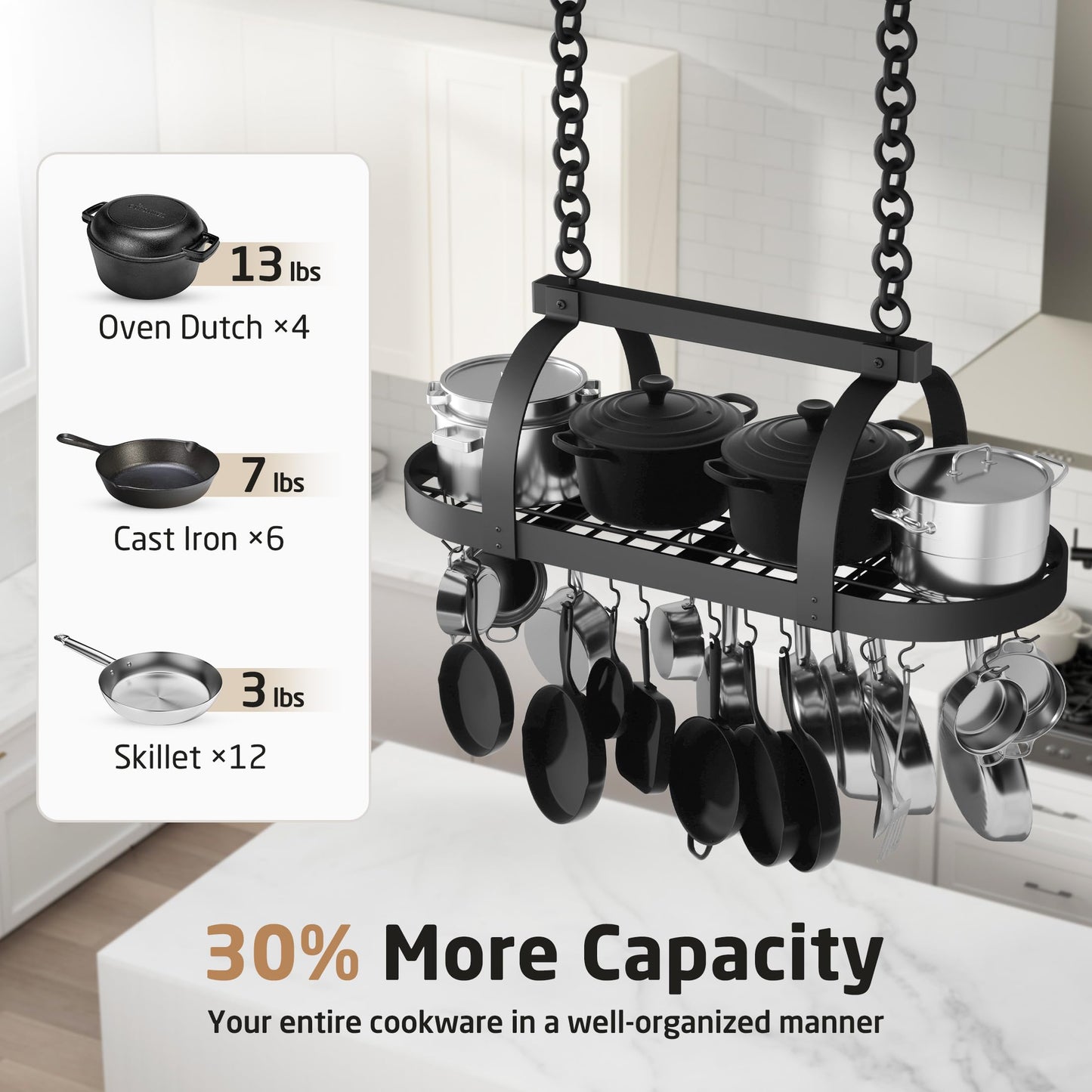 KES 48 Inch Large Hanging Pot Rack, Heavy Duty Oval Pot and Pan Hanging Rack Ceiling Mount, Pot Pan Hangers for Kitchen with 20 Hooks, Matte Black, (For 16" and 24" Joist Mount), KUR225S122-BK