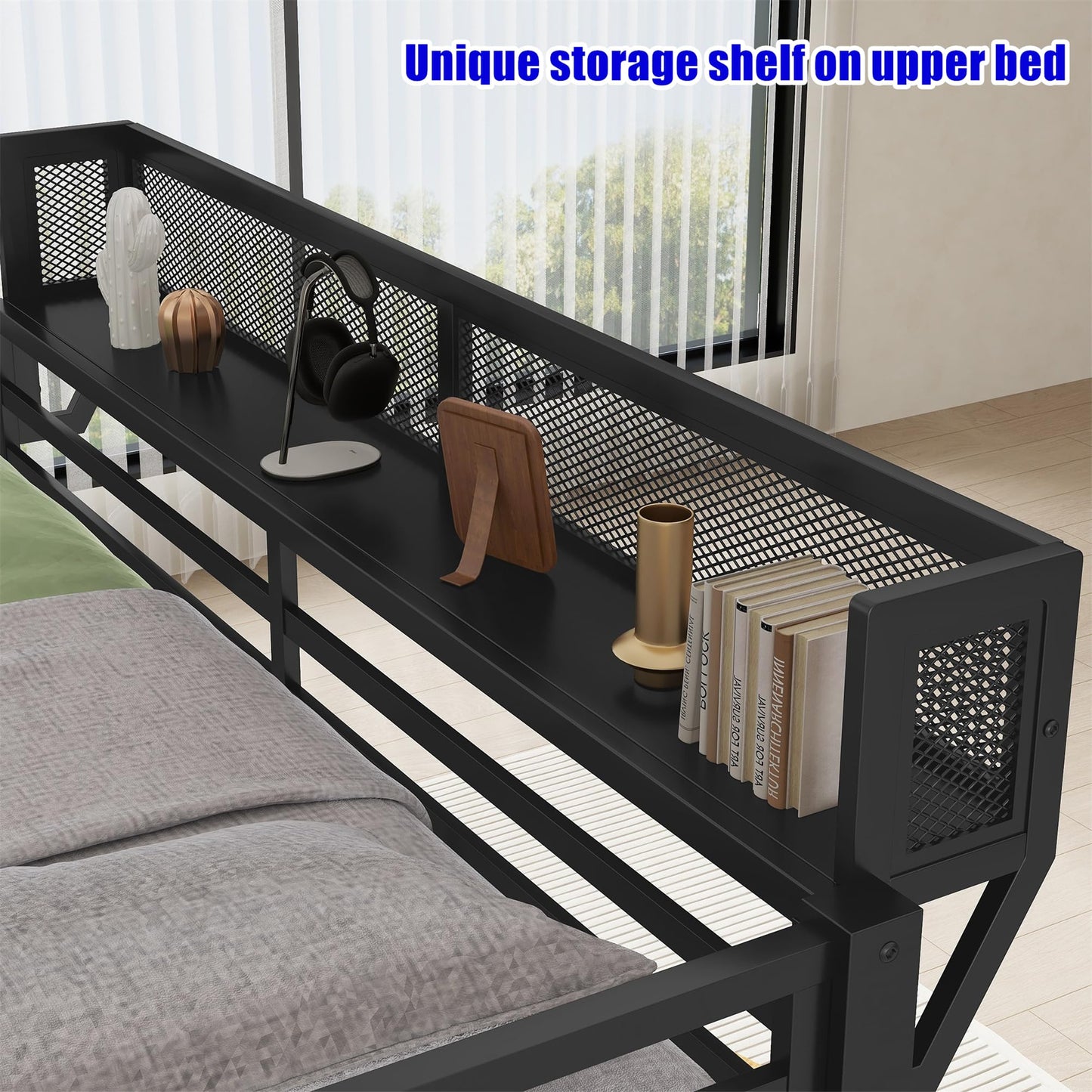 QLUSAN Upgraded & Stronger Heavy Duty Metal Bunk Bed Queen Over Queen Size, Safer Thickened More Stable Bunkbed Bunk Bed Frame (Easier to Assemble) (Queen Over Queen-A)