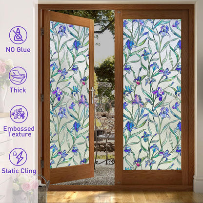 Coavas Stained Glass Window Privacy Film, 3D Violet Flower Static Cling Decals, 17 x 118.1 Inch, Bathroom Sun Heat
