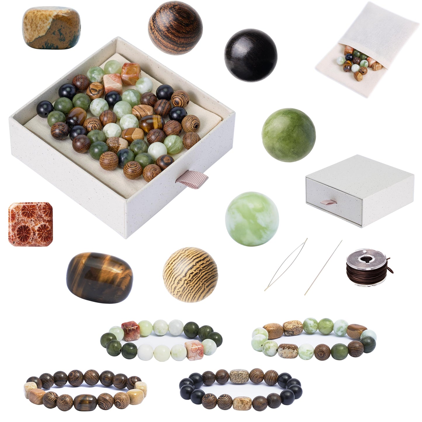 Geezon Navis Bracelet Making Kit - 10mm Natural Stone Beads with Wooden Beads - 48pcs Multicolor - DIY Jewelry Making Starter Kit Adult Men Women Birthday Mothers Day Gift Craft (48, Color A)